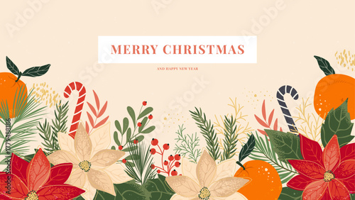 Colorful Christmas Banner with poinsettia flowers, coniferous branches, tangerines and candy canes. Winter celebration design for postcards, web pages, greetings on social media