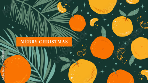 Colorful Christmas banner with tangerines, oranges and coniferous branches. Winter holiday background for a postcard or website, vector illustration