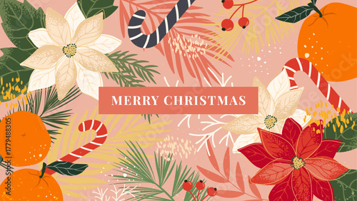 Christmas Banner with poinsettia flowers, coniferous branches, tangerines and candy canes. Plant Design of the winter festival for postcards, web pages, greetings on social Media