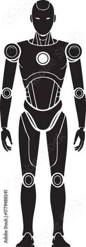 Black Silhouette Of A Futuristic Robot Standing On White Background Keywords: robot, android