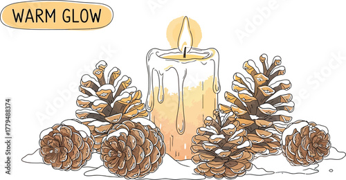 Lit candle with melting wax surrounded by snow covered pine cones illustration