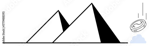 Two black-and-white pyramids and a coin dropping into a subtle blue cloud. Ideal for wealth, history, economy, trade, finance, tourism, investment concepts. Simple flat metaphor