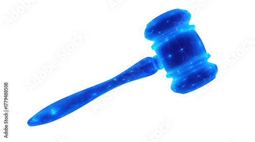 Digital gavel blue glowing lines futuristic style symbolizing justice law technology innovation and authority isolated on transparent background modern concept