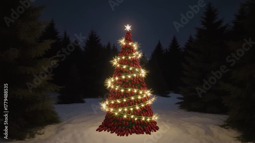 Magical Cranberry Christmas Tree in a Snowy Forest Night