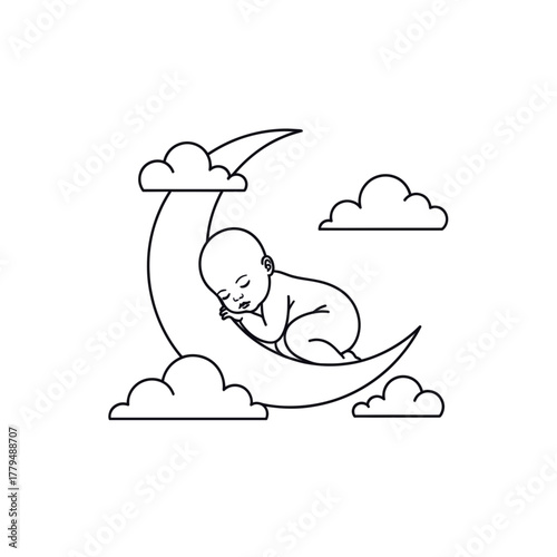 Baby sleeping on the moon symbolizing innocence, peace, and sweet dreams. Line art vector illustration, isolated on a transparent background
