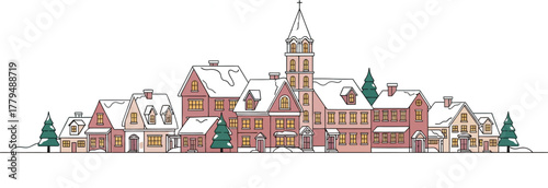 Snowy winter village illustration with church and houses on a light blue background