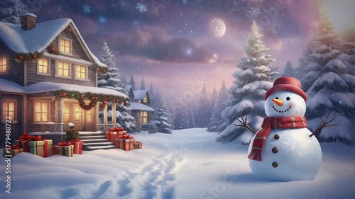 Snowy Christmas Village Scene with Cozy House and Snowman