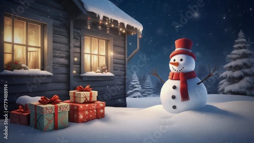 Christmas Eve Snowman Scene: Cozy Cabin, Gifts & Falling Snow
