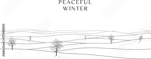 Minimalist winter landscape with bare trees on snow covered hills artwork