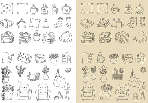 Cozy Home Comfort Doodle Icons Collection Hand Drawn.