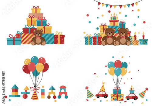 Birthday Celebration with Gifts Teddy Bears Balloons and Toys.
