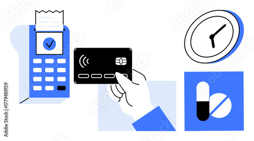 Hand with card tapping payment terminal, checkmark receipt, clock, medicine icons. Ideal for healthcare, payment systems, technology, pharmacy convenience time-saving digital solutions. Simple