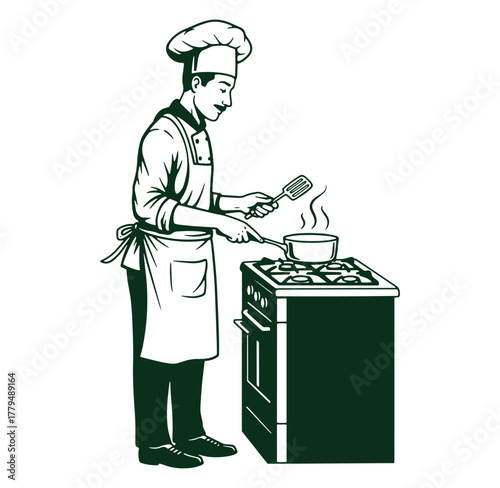 Professional chef cooking on stove culinary illustration in retro vintage style