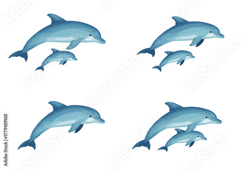 Dolphins and Calves Swimming Together in the Ocean.