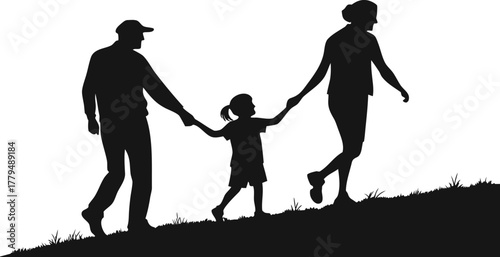 Family Walking Uphill Holding Hands Silhouette On Grass parents