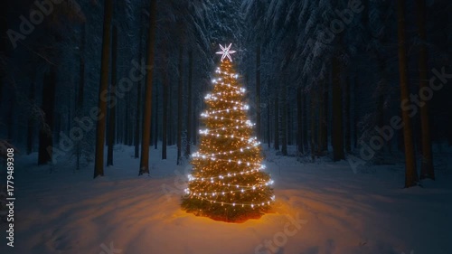 Four Magical Christmas Trees in Snowy Winter Forest at Night