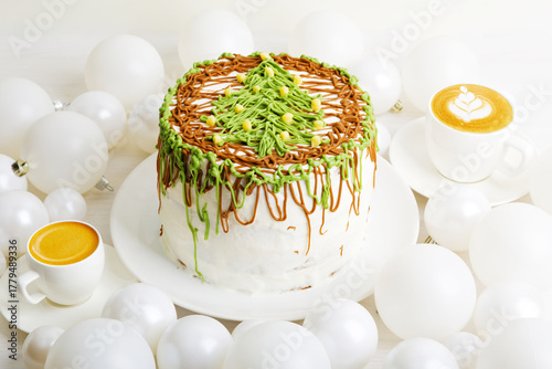 Homemade cake decorated with christmas tree, two cups of coffee and Christmas balls on white wooden table.