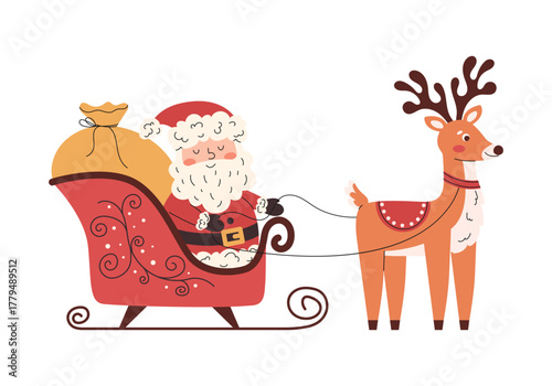 ute Santa Claus in sleigh with reindeer and presents. Joyful flat Christmas illustration with cozy holiday feeling. Perfect for winter cards, prints, and festive decoration.