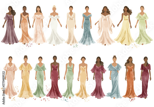 Diverse Women in Elegant Gowns: A Fashionable Ensemble of Colors and Styles.