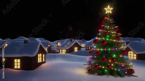 Enchanting Christmas Village in Snow with Northern Lights and Festive Trees