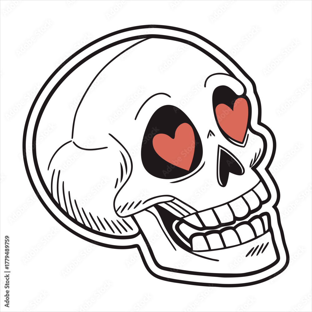 Fototapeta premium Cartoon skull with heart eyes expressing love or obsession