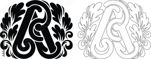 Ornate Letter A Monogram with Floral Swirls Black and White alphabet initial