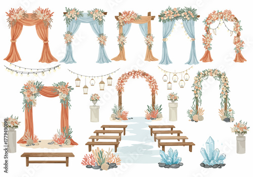 Collection of watercolor wedding arches and ceremony decor elements.