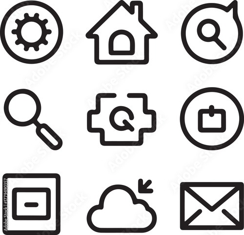 Set of nine simple outline icons for digital interface and communication gear cogwheel