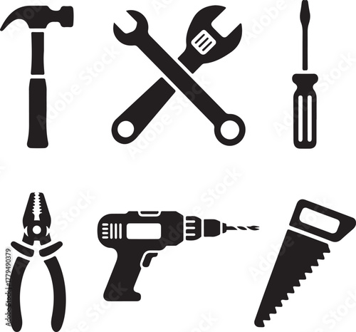 Set of six black silhouette icons of common hand tools hammer wrench