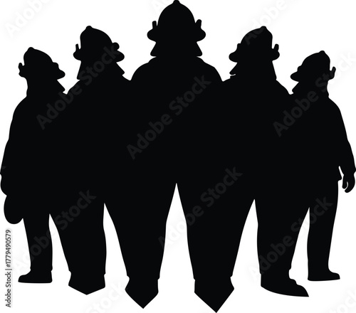 Silhouette Of Five Firefighters Standing Together Looking Up firemen rescue