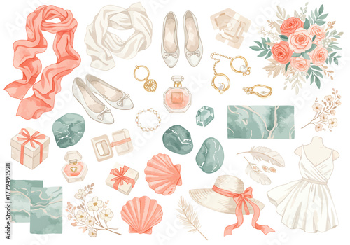 Elegant Watercolor Fashion and Beauty Collection with Accessories and Floral Accents.