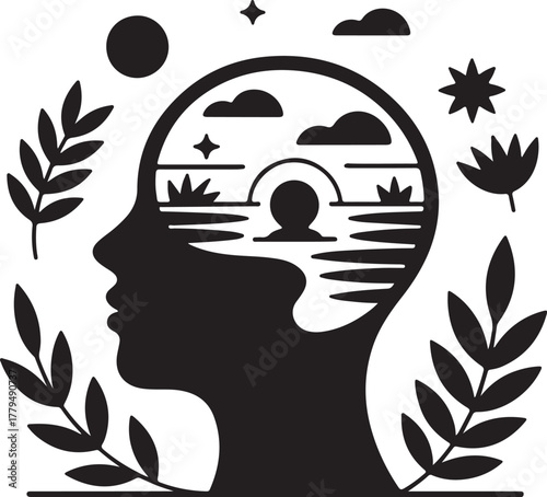 Silhouette of Head with Landscape Scene and Stars on White Background mind thoughts