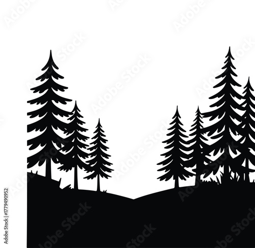 Silhouette Of Pine Trees On A Hillside Against White Background forest nature
