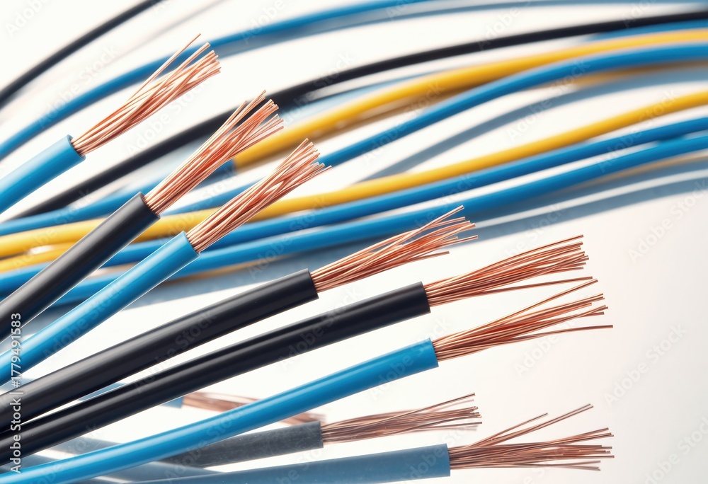 Fototapeta premium Colorful electrical wires with copper strands, ideal for wiring projects