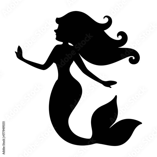 Mermaid silhouette vector art illustration of mythical sea creature with flowing hair design
