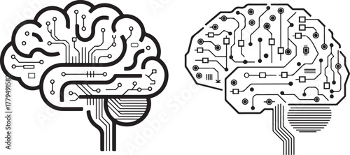 Two black and white stylized brains with circuit board patterns technology artificial
