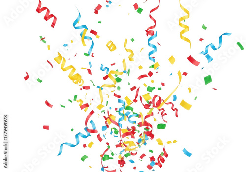 Colorful confetti and ribbons PNG isolated on transparent background, party celebration elements for festive designs and holiday projects