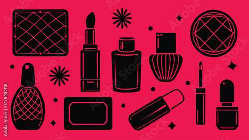 grid of women’s product flat-lays (lipstick, nail polish, perfume bottle) in soft feminine pastel tones on white.