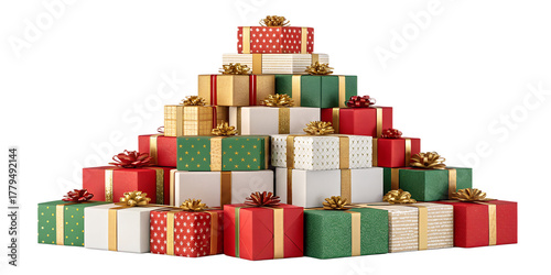 A pile of colorful wrapped Christmas gift boxes with shiny ribbons and bows, arranged in a pyramid. Isolated on transparent background, perfect for Christmas and New Year design, vector or realistic s