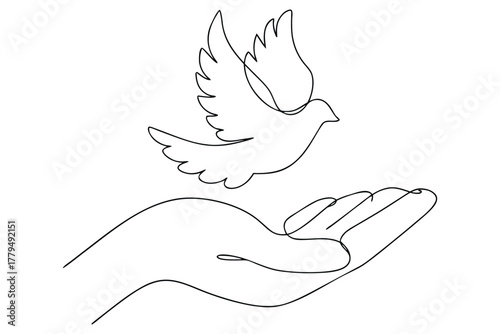 Continuous line drawing of a hand releasing a dove into the sky