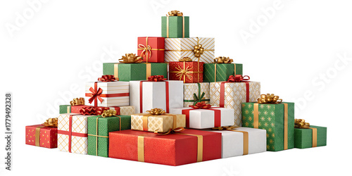 A pile of colorful wrapped Christmas gift boxes with shiny ribbons and bows, arranged in a pyramid. Isolated on transparent background, perfect for Christmas and New Year design, vector or realistic s