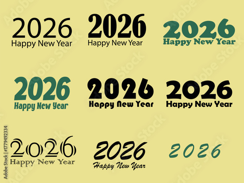 2026 Text Design set. Typography icons or stickers for New Year 2026 Social Media Post, Greeting Card and Labels. Festive Design Elements. Flat vector illustration collection