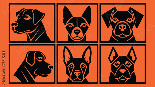A bento-grid (3×3) of minimalist dog portraits in silhouette style (different breeds) on white background