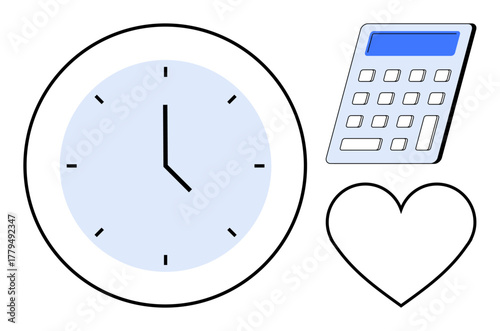 Clock, calculator, and heart symbolizing time, finances, and care. Ideal for productivity, budgeting, decisions self-care prioritization balance planning. Conceptualized in a simple flat metaphor
