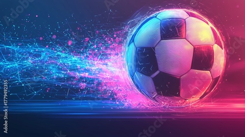 Dynamic Soccer Ball with Energetic Trail of Light and Particles, Neon Colors, Abstract Sports Concept, High-Speed Motion, Futuristic Design