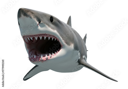 Great white shark with open mouth isolated on transparent PNG, predator with sharp teeth for marine life and ocean themes