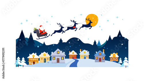 Santa and reindeer soaring above small snowy town, stars twinkling in sky, magical festive night full of wonder