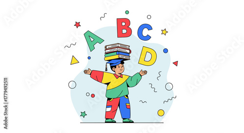 Young Scholar Balancing Books And Alphabet Letters For Education Focus