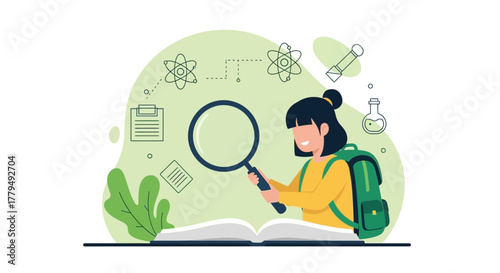 Young Student Examining Science Concepts With Magnifying Glass And Backpack