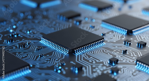 Close up shot of a modern computer microchip on a circuit board, technology concept